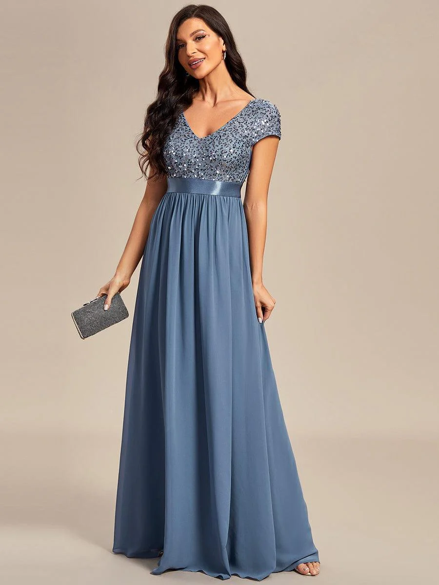 ever MIRAGE|V-Neck Cap Sleeve Sequin & Chiffon Empire Waist Evening Dress - Image 35