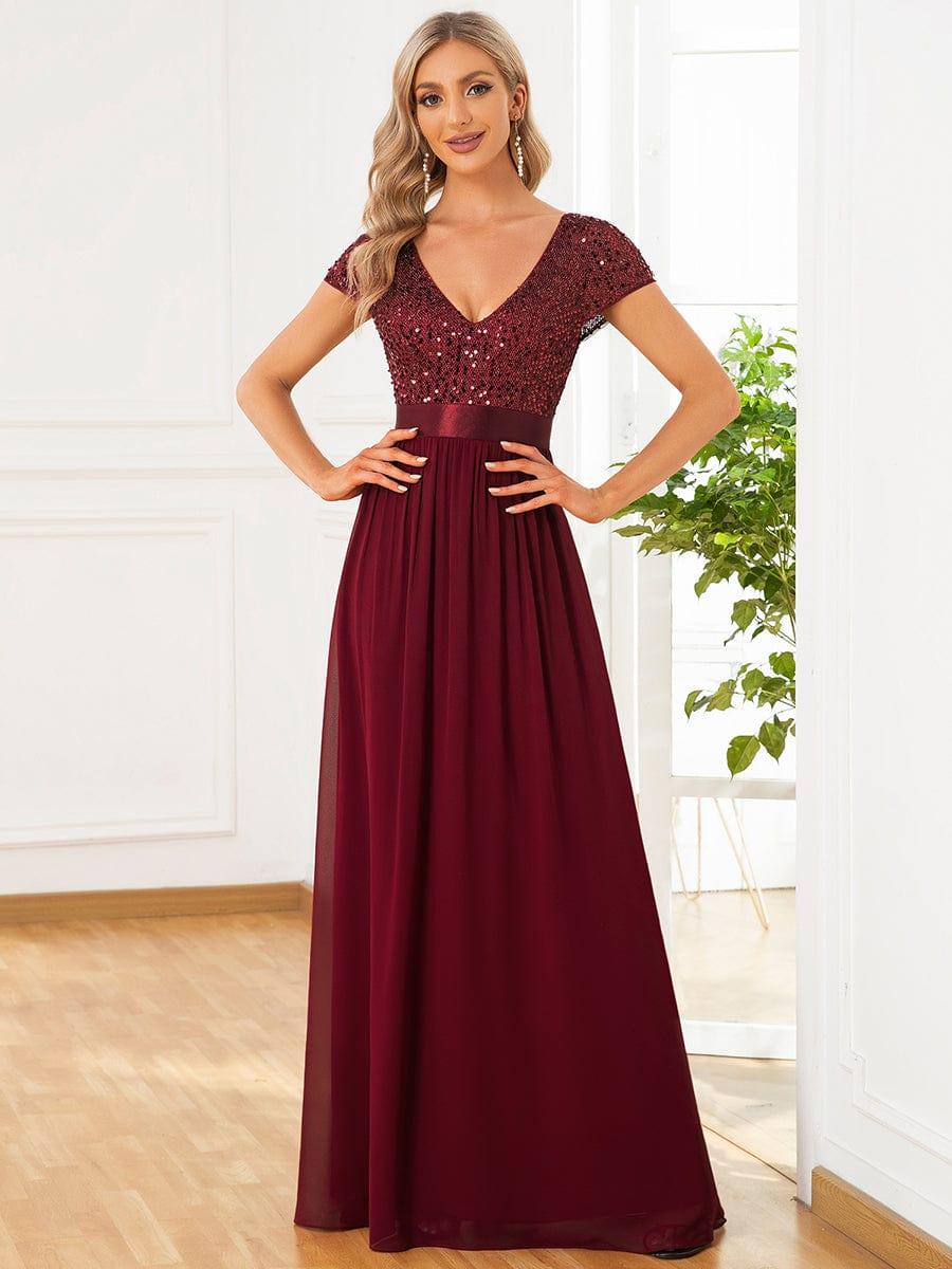 ever MIRAGE|V-Neck Cap Sleeve Sequin & Chiffon Empire Waist Evening Dress - Image 8