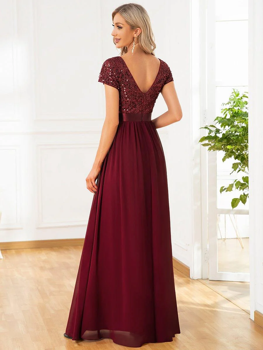 ever MIRAGE|V-Neck Cap Sleeve Sequin & Chiffon Empire Waist Evening Dress - Image 9