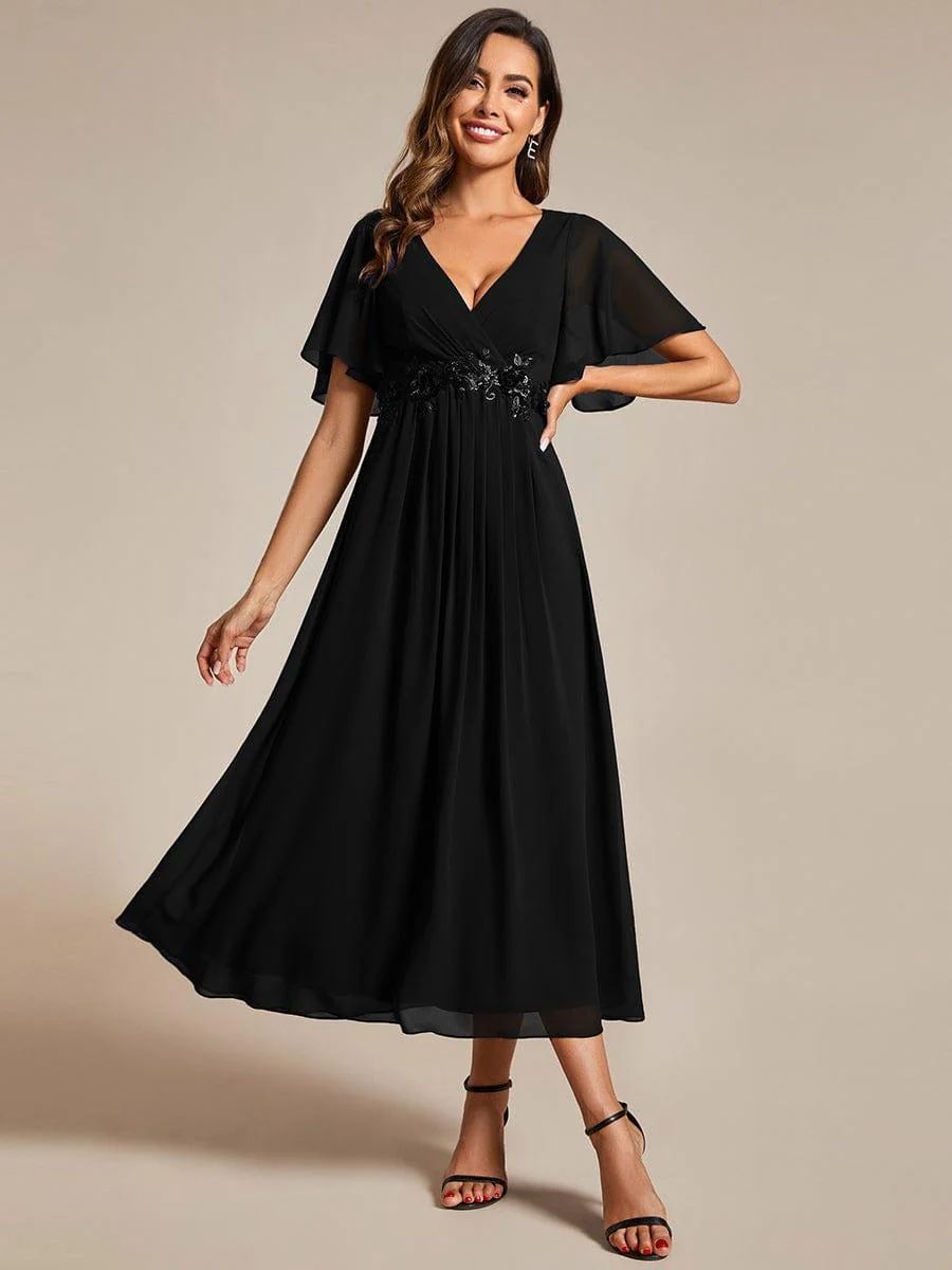 ever DAHLIA|V-Neck Chiffon Midi Mother of the Bride Dress with Waist Applique(Final Sale) - Image 12