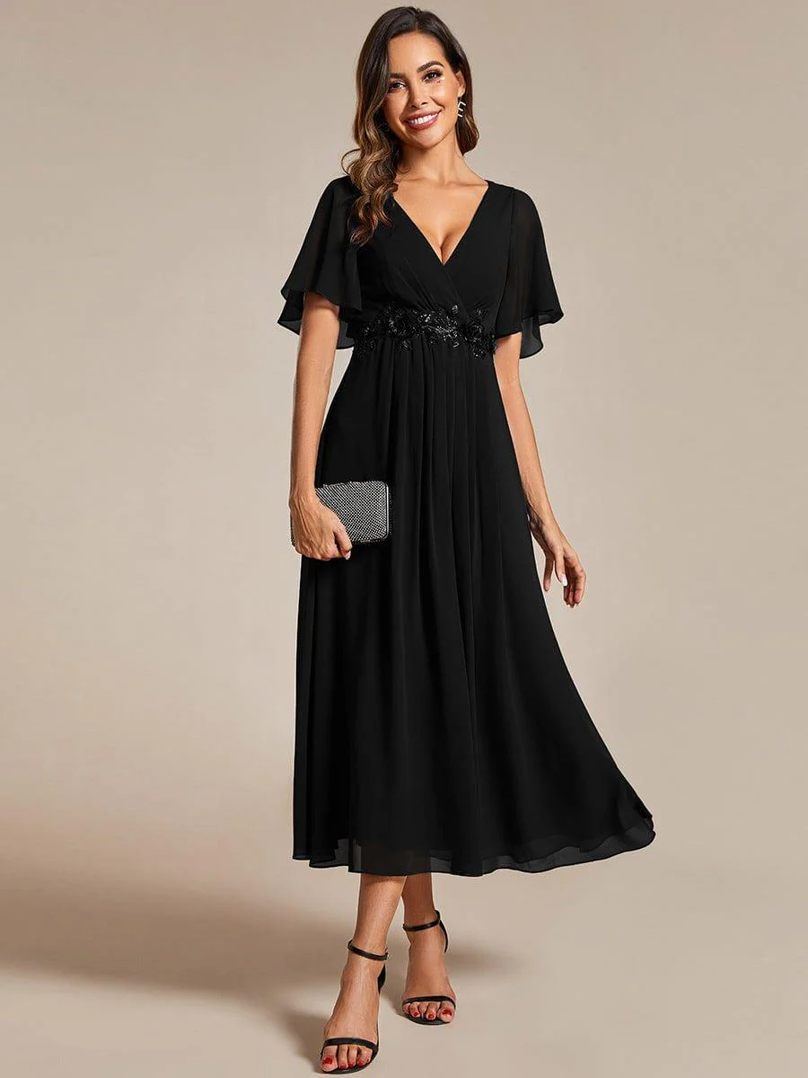 ever DAHLIA|V-Neck Chiffon Midi Mother of the Bride Dress with Waist Applique(Final Sale) - Image 15