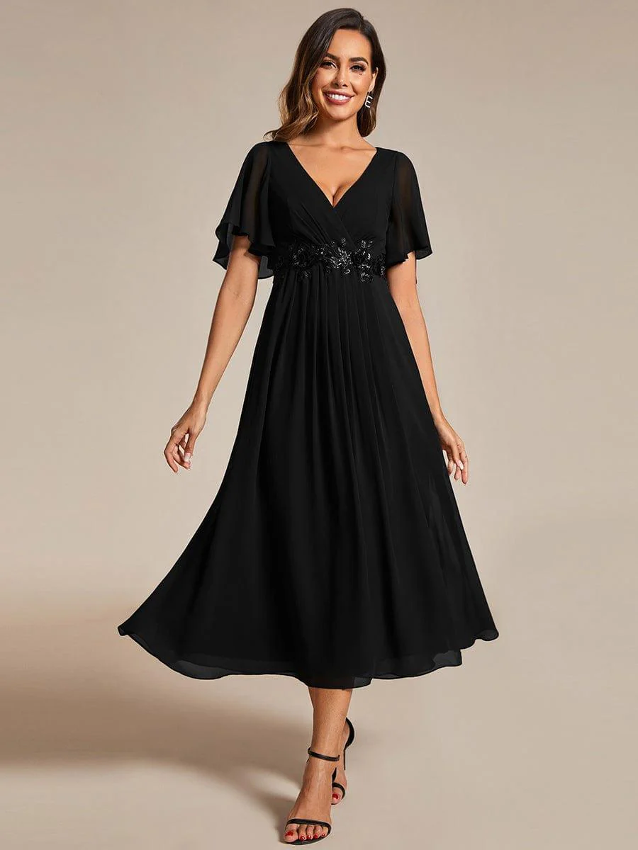ever DAHLIA|V-Neck Chiffon Midi Mother of the Bride Dress with Waist Applique(Final Sale) - Image 16