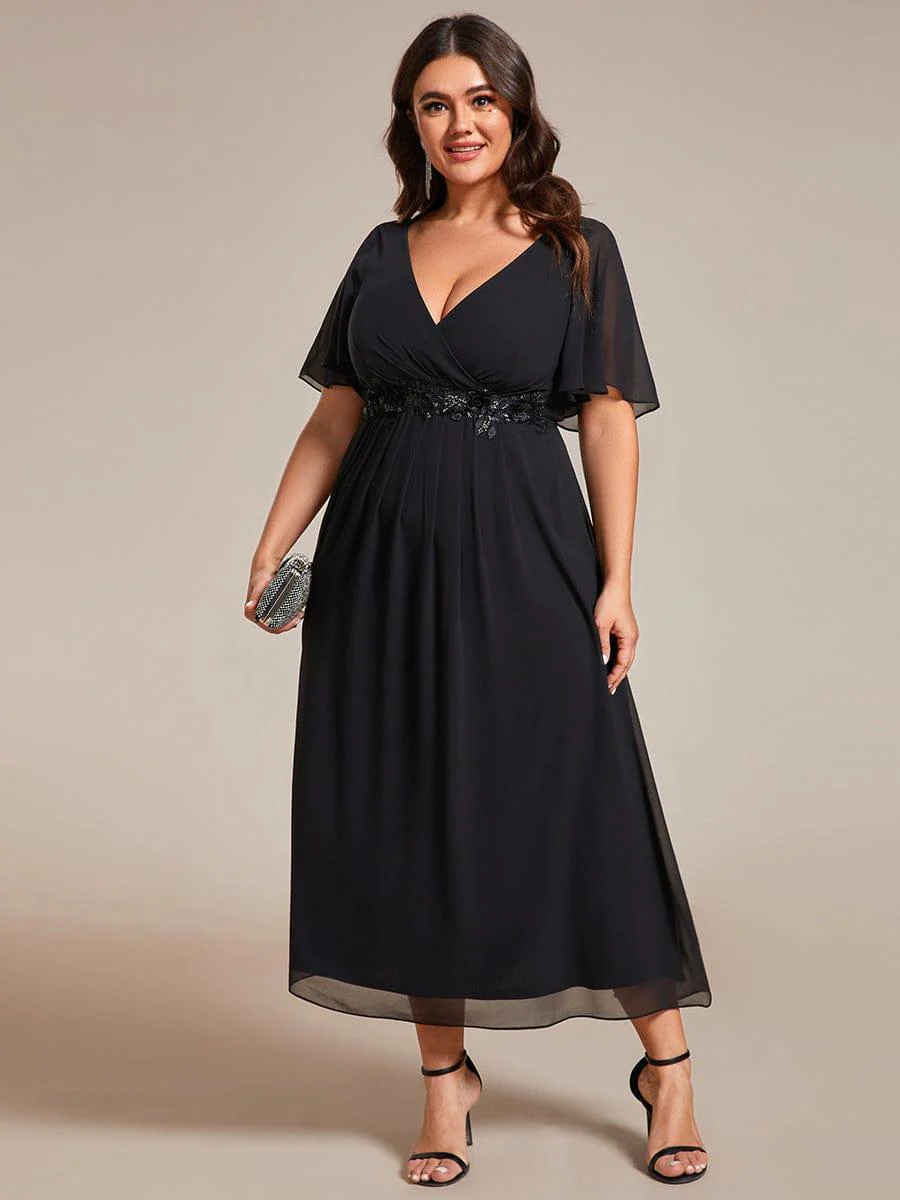 ever DAHLIA|V-Neck Chiffon Midi Mother of the Bride Dress with Waist Applique(Final Sale) - Image 17