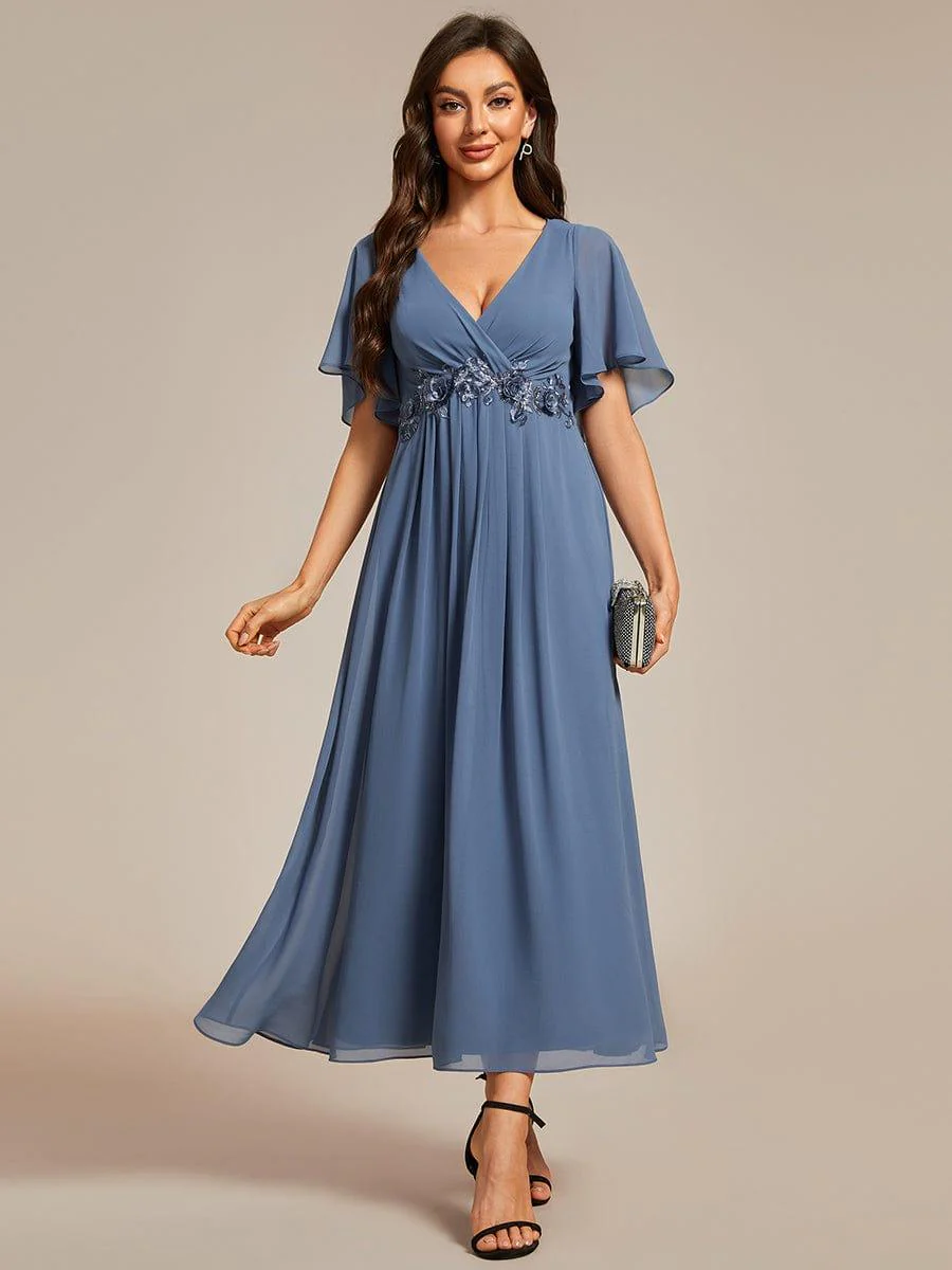 ever DAHLIA|V-Neck Chiffon Midi Mother of the Bride Dress with Waist Applique(Final Sale) - Image 20