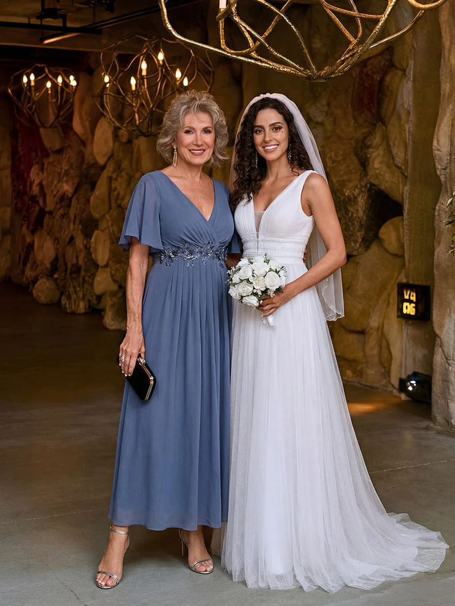 ever DAHLIA|V-Neck Chiffon Midi Mother of the Bride Dress with Waist Applique(Final Sale) - Image 22