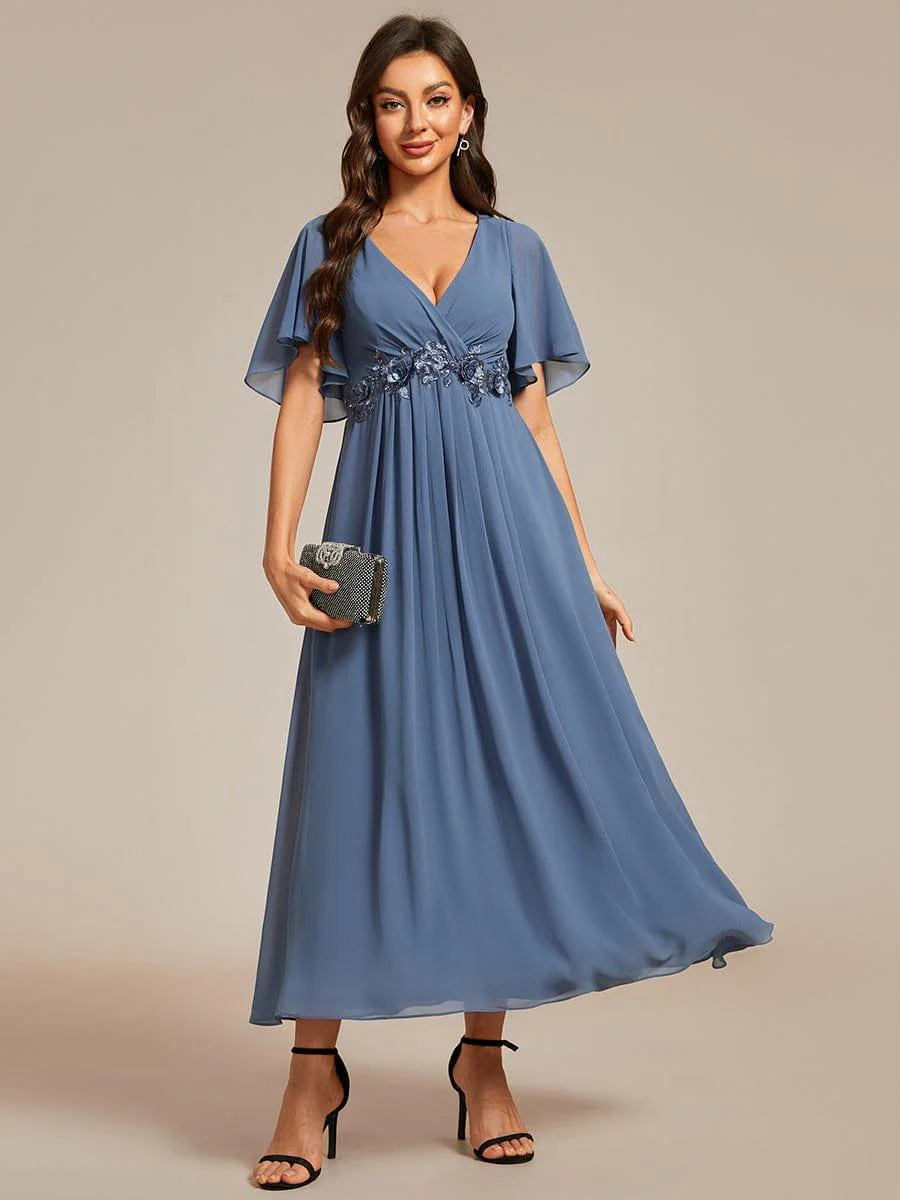 ever DAHLIA|V-Neck Chiffon Midi Mother of the Bride Dress with Waist Applique(Final Sale) - Image 24