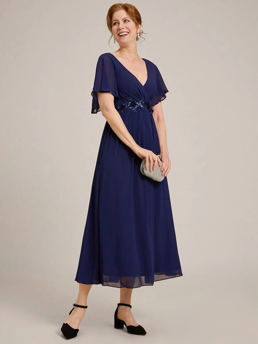 ever DAHLIA|V-Neck Chiffon Midi Mother of the Bride Dress with Waist Applique(Final Sale) - Image 30