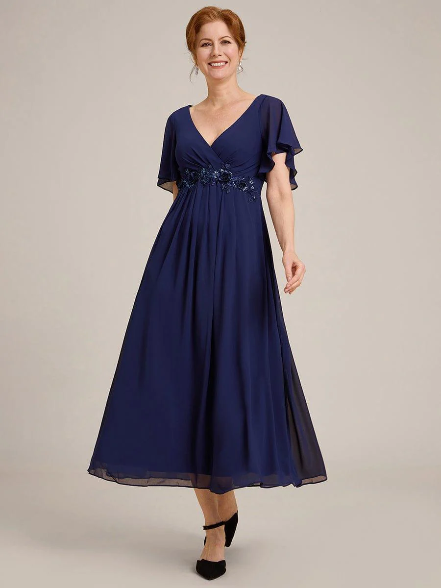 ever DAHLIA|V-Neck Chiffon Midi Mother of the Bride Dress with Waist Applique(Final Sale) - Image 31