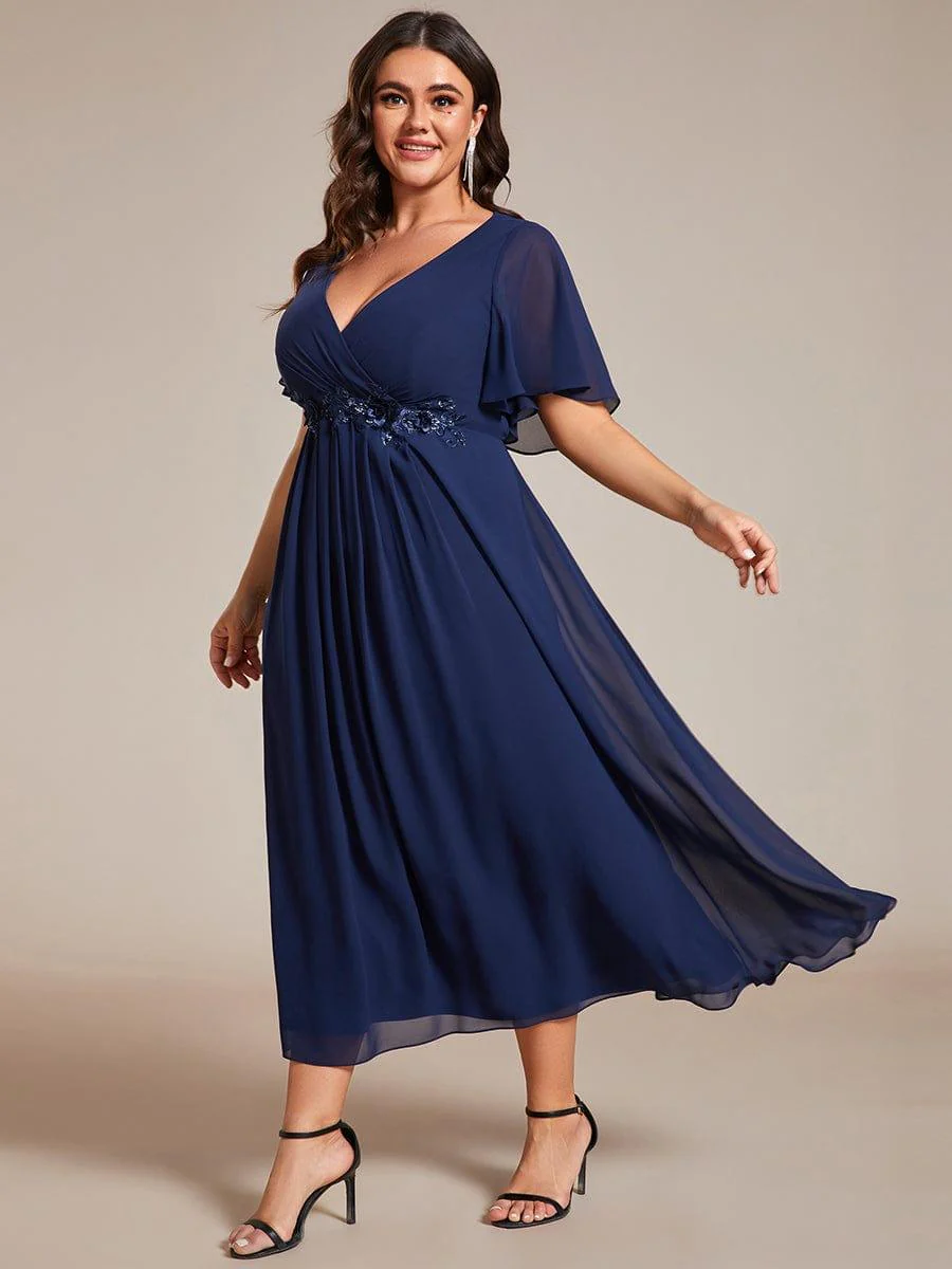 ever DAHLIA|V-Neck Chiffon Midi Mother of the Bride Dress with Waist Applique(Final Sale) - Image 32