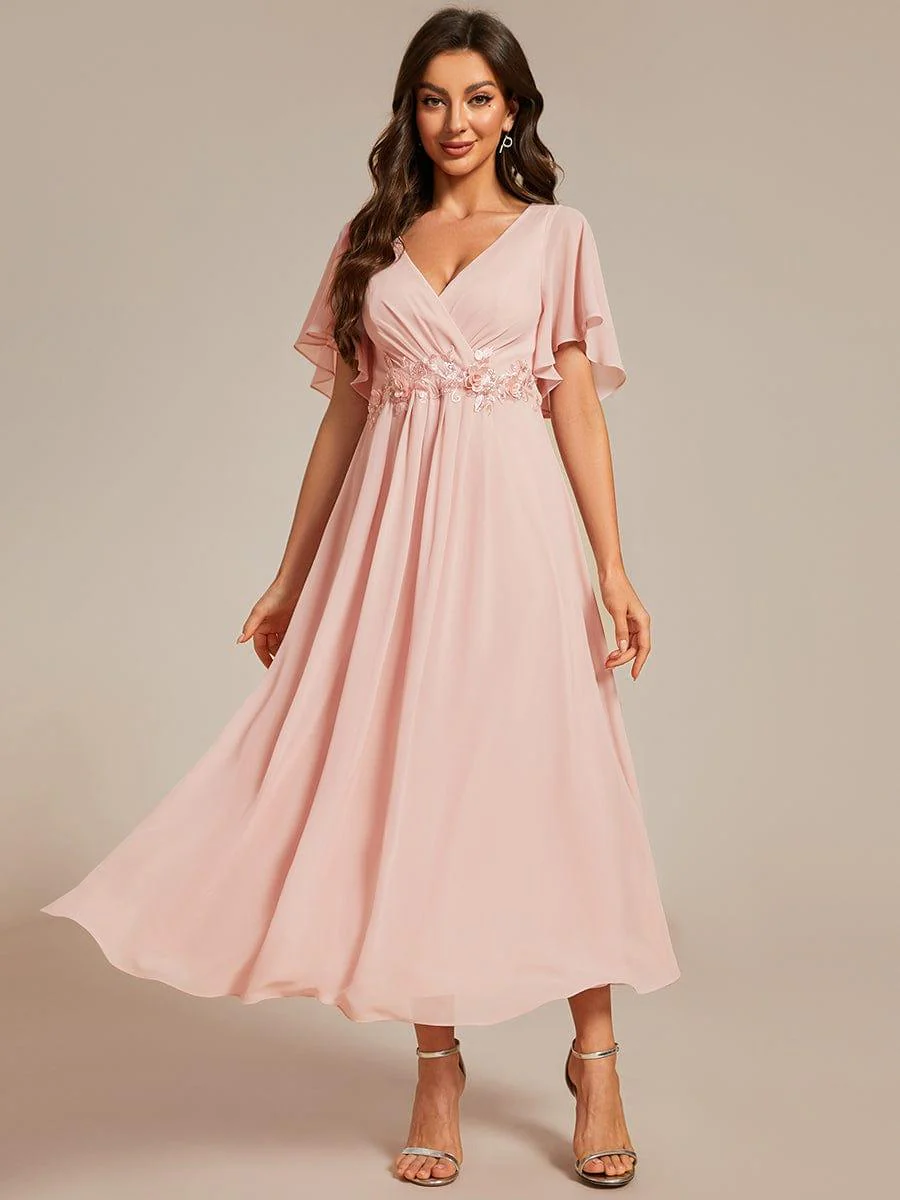 ever DAHLIA|V-Neck Chiffon Midi Mother of the Bride Dress with Waist Applique(Final Sale) - Image 39