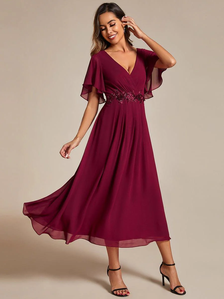 ever DAHLIA|V-Neck Chiffon Midi Mother of the Bride Dress with Waist Applique(Final Sale) - Image 4