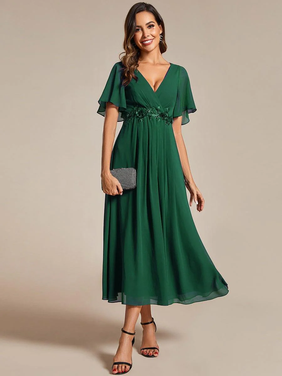 ever DAHLIA|V-Neck Chiffon Midi Mother of the Bride Dress with Waist Applique(Final Sale) - Image 51