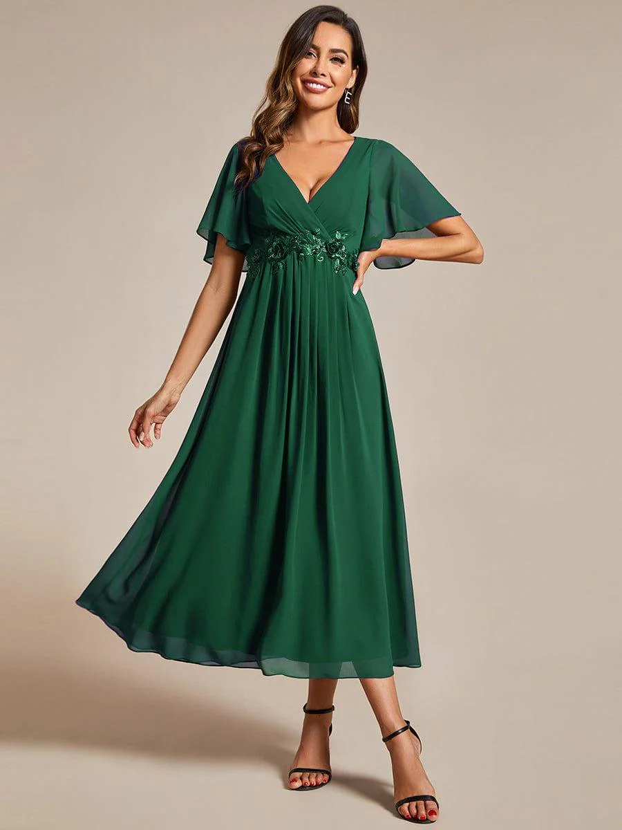 ever DAHLIA|V-Neck Chiffon Midi Mother of the Bride Dress with Waist Applique(Final Sale) - Image 54
