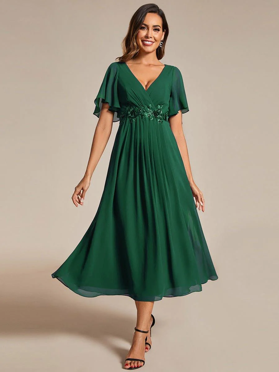 ever DAHLIA|V-Neck Chiffon Midi Mother of the Bride Dress with Waist Applique(Final Sale) - Image 55