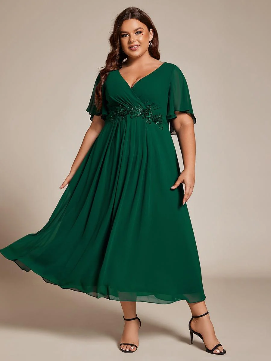 ever DAHLIA|V-Neck Chiffon Midi Mother of the Bride Dress with Waist Applique(Final Sale) - Image 56