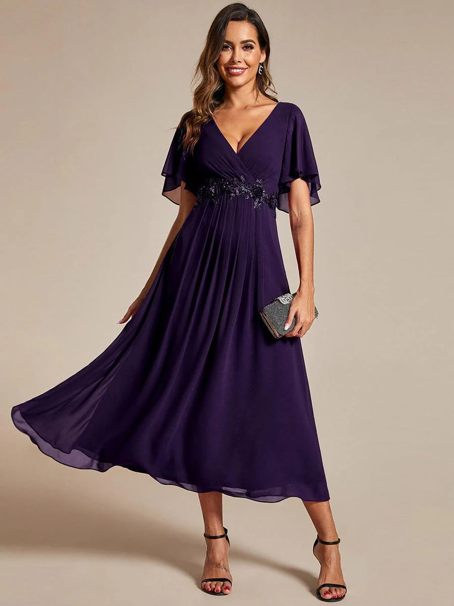 ever DAHLIA|V-Neck Chiffon Midi Mother of the Bride Dress with Waist Applique(Final Sale) - Image 59