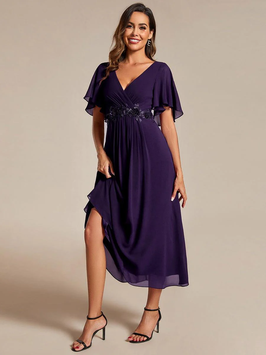 ever DAHLIA|V-Neck Chiffon Midi Mother of the Bride Dress with Waist Applique(Final Sale) - Image 62