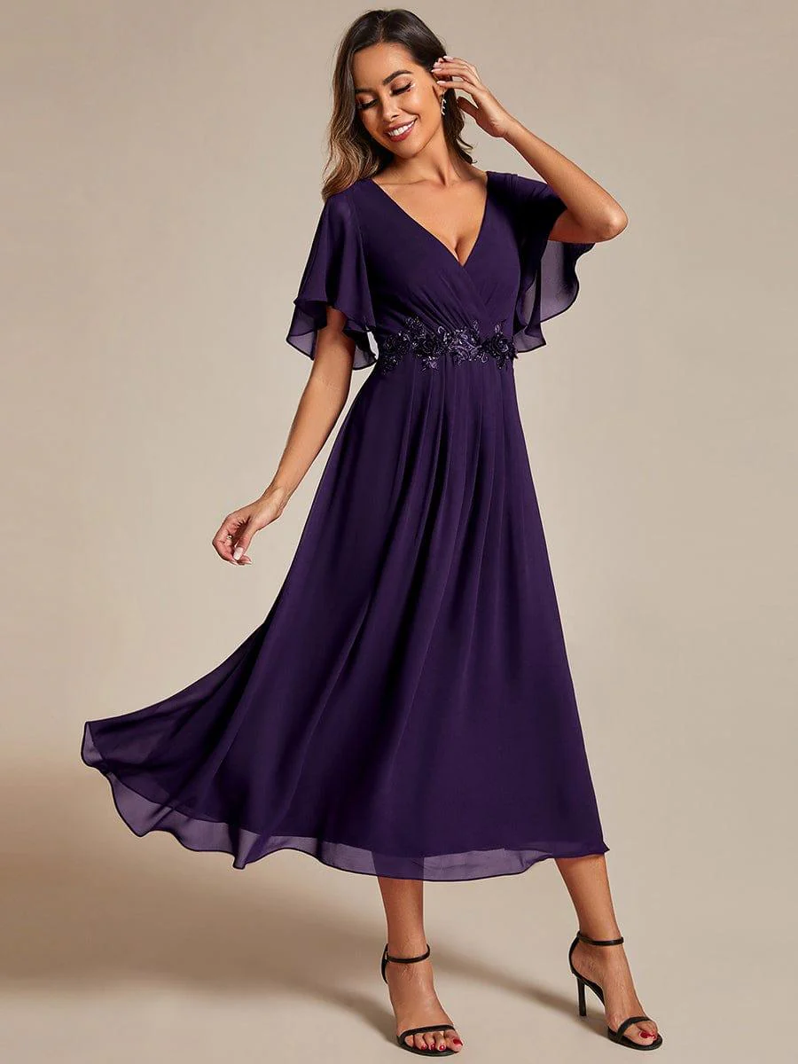 ever DAHLIA|V-Neck Chiffon Midi Mother of the Bride Dress with Waist Applique(Final Sale) - Image 63