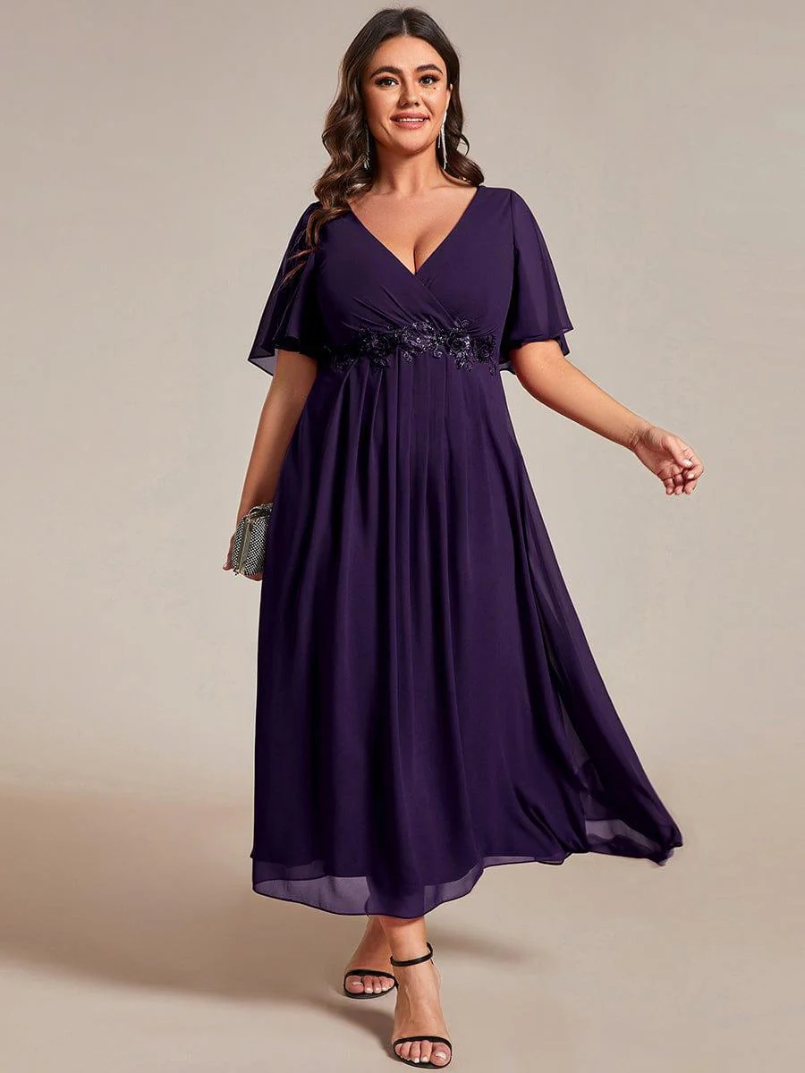ever DAHLIA|V-Neck Chiffon Midi Mother of the Bride Dress with Waist Applique(Final Sale) - Image 64