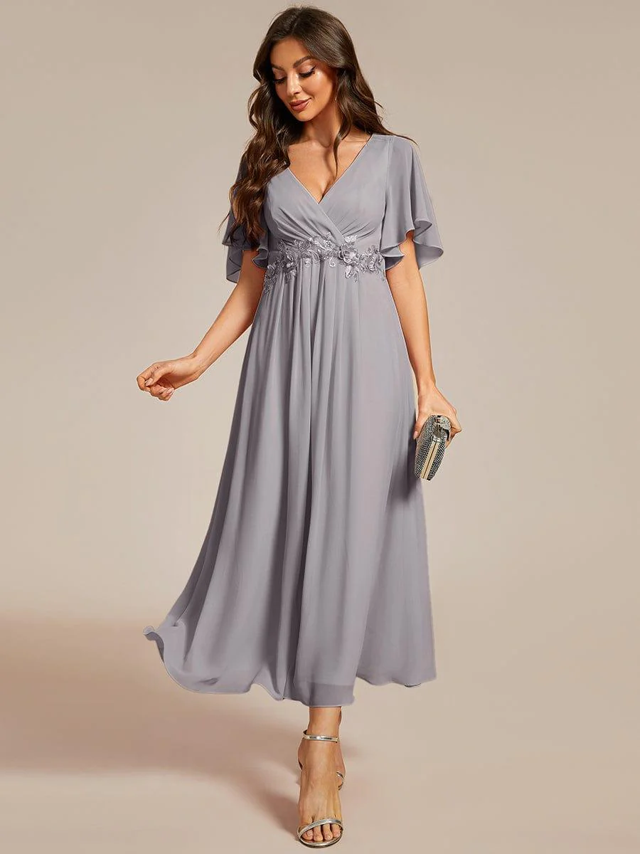 ever DAHLIA|V-Neck Chiffon Midi Mother of the Bride Dress with Waist Applique(Final Sale) - Image 68