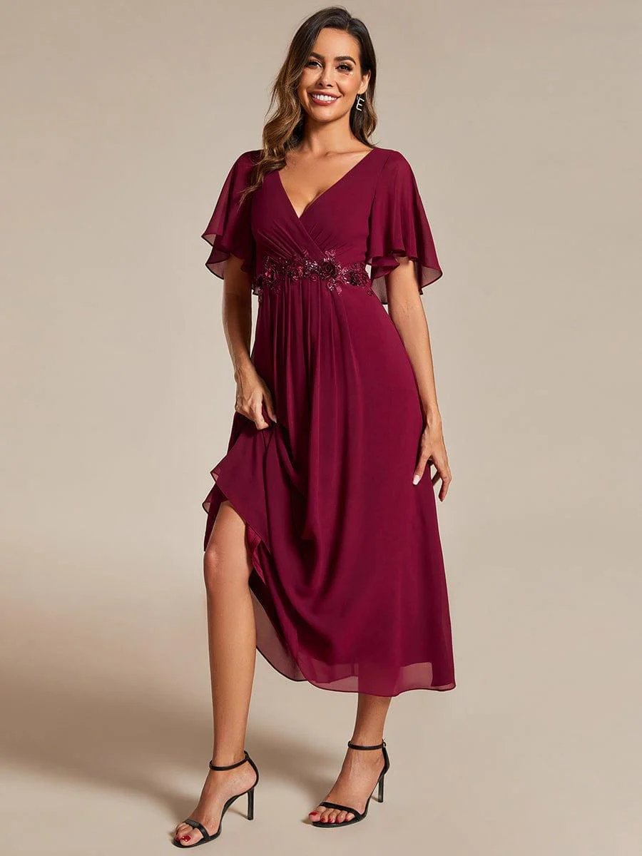 ever DAHLIA|V-Neck Chiffon Midi Mother of the Bride Dress with Waist Applique(Final Sale) - Image 7