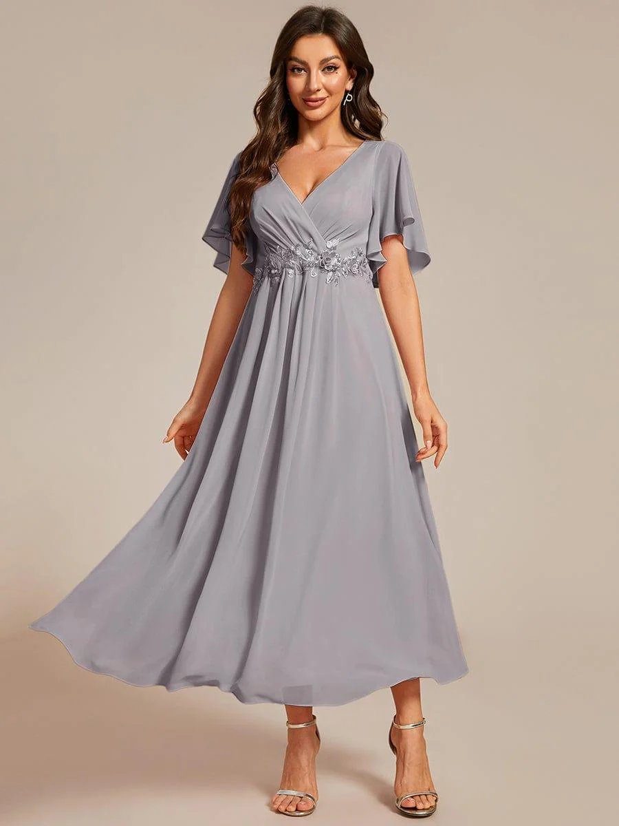 ever DAHLIA|V-Neck Chiffon Midi Mother of the Bride Dress with Waist Applique(Final Sale) - Image 71