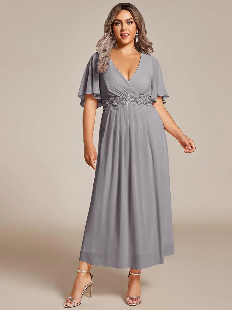 ever DAHLIA|V-Neck Chiffon Midi Mother of the Bride Dress with Waist Applique(Final Sale) - Image 72