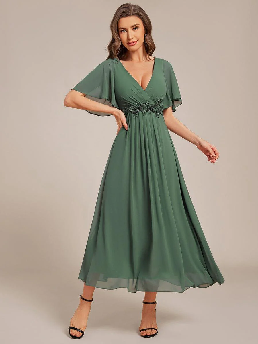 ever DAHLIA|V-Neck Chiffon Midi Mother of the Bride Dress with Waist Applique(Final Sale) - Image 75