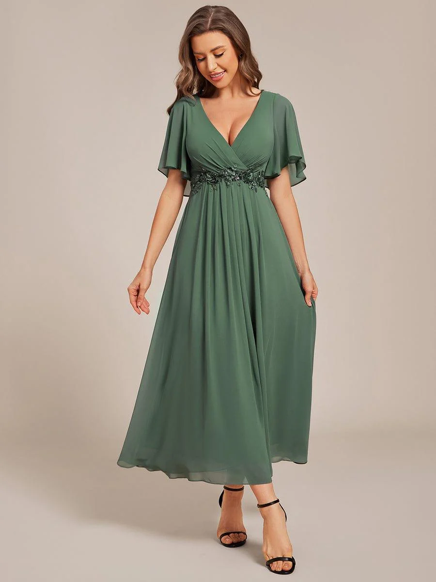 ever DAHLIA|V-Neck Chiffon Midi Mother of the Bride Dress with Waist Applique(Final Sale) - Image 78