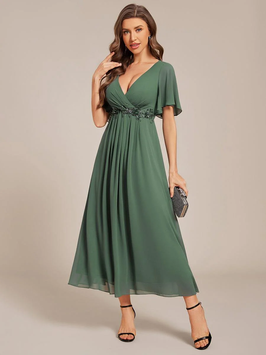 ever DAHLIA|V-Neck Chiffon Midi Mother of the Bride Dress with Waist Applique(Final Sale) - Image 79