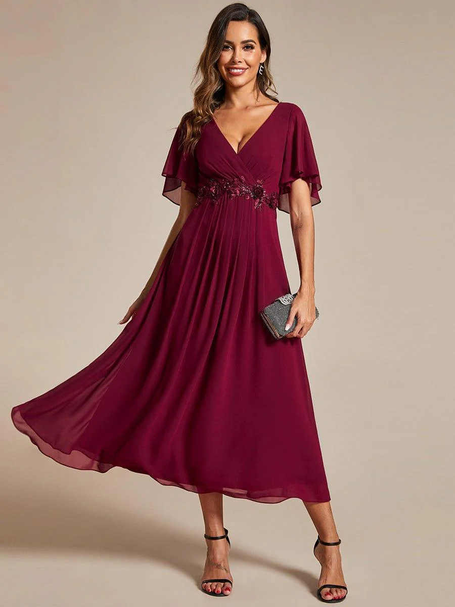 ever DAHLIA|V-Neck Chiffon Midi Mother of the Bride Dress with Waist Applique(Final Sale) - Image 8