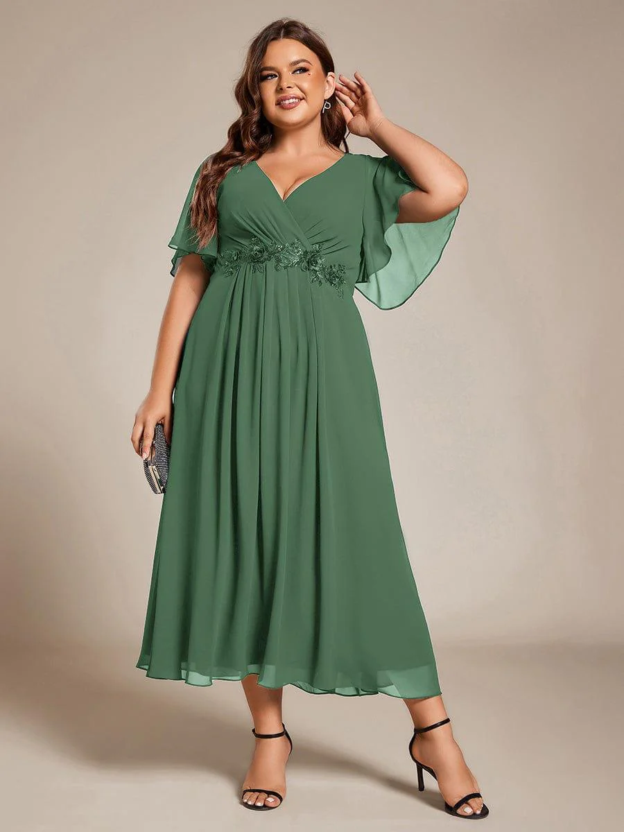 ever DAHLIA|V-Neck Chiffon Midi Mother of the Bride Dress with Waist Applique(Final Sale) - Image 80