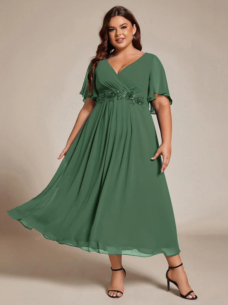 ever DAHLIA|V-Neck Chiffon Midi Mother of the Bride Dress with Waist Applique(Final Sale) - Image 83