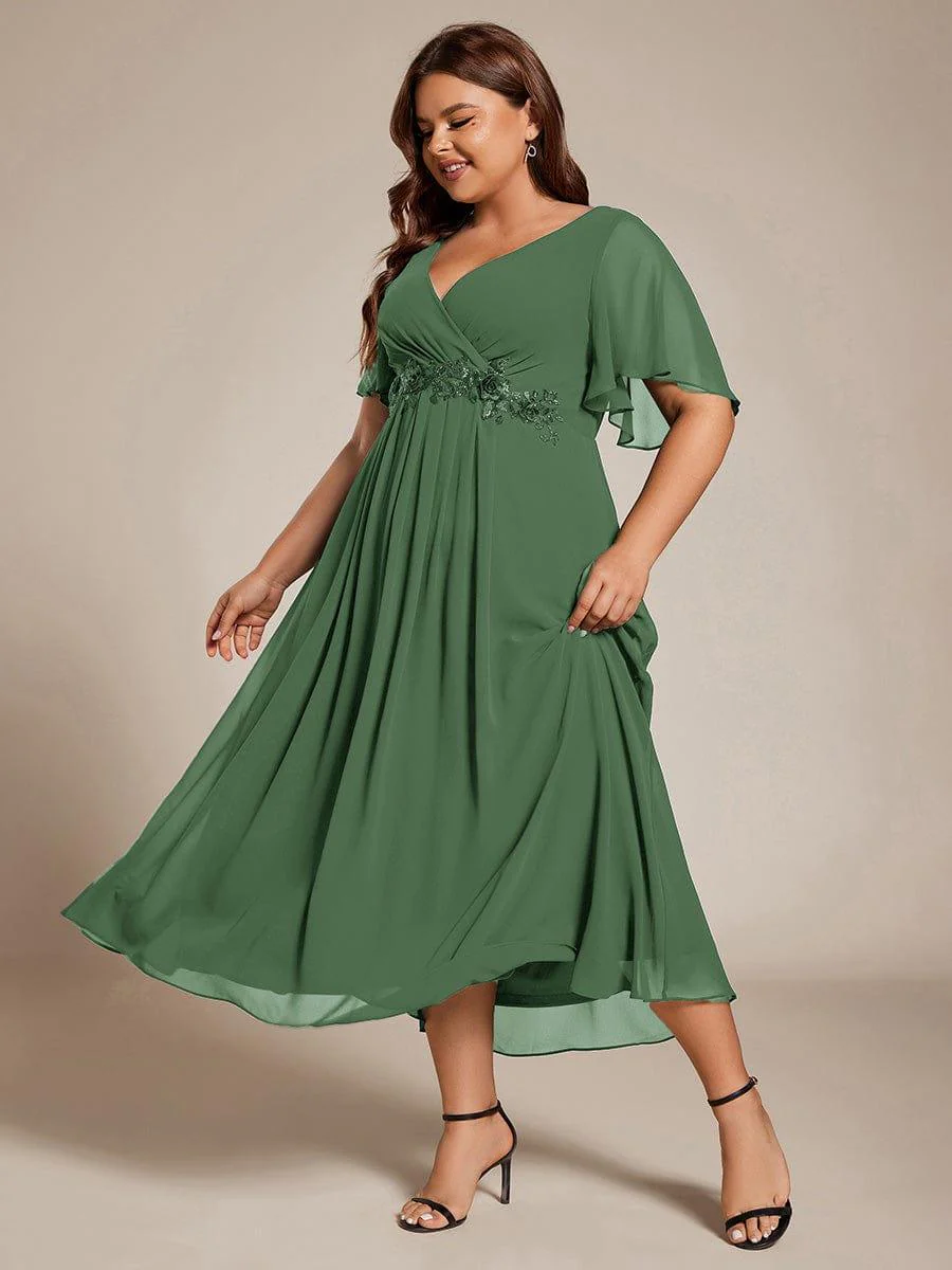 ever DAHLIA|V-Neck Chiffon Midi Mother of the Bride Dress with Waist Applique(Final Sale) - Image 84