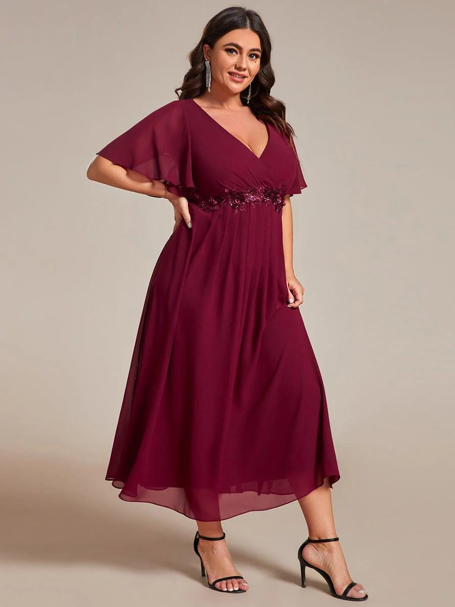 ever DAHLIA|V-Neck Chiffon Midi Mother of the Bride Dress with Waist Applique(Final Sale) - Image 9