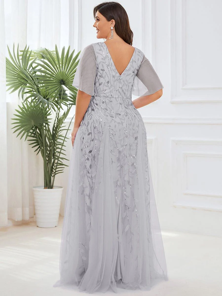 ever ASTRAL|Romantic Shimmery V Neck Ruffle Sleeves Maxi Long Evening Gowns - Image 128