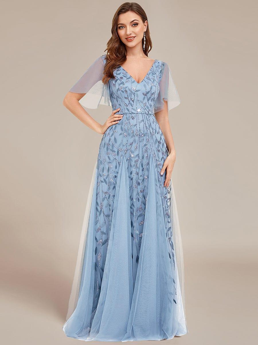 ever ASTRAL|Romantic Shimmery V Neck Ruffle Sleeves Maxi Long Evening Gowns - Image 129