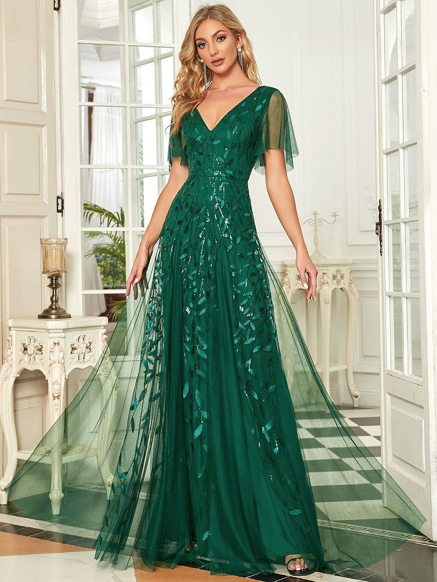 ever ASTRAL|Romantic Shimmery V Neck Ruffle Sleeves Maxi Long Evening Gowns - Image 13