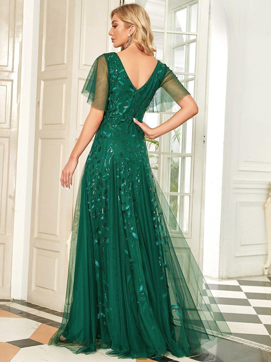 ever ASTRAL|Romantic Shimmery V Neck Ruffle Sleeves Maxi Long Evening Gowns - Image 14