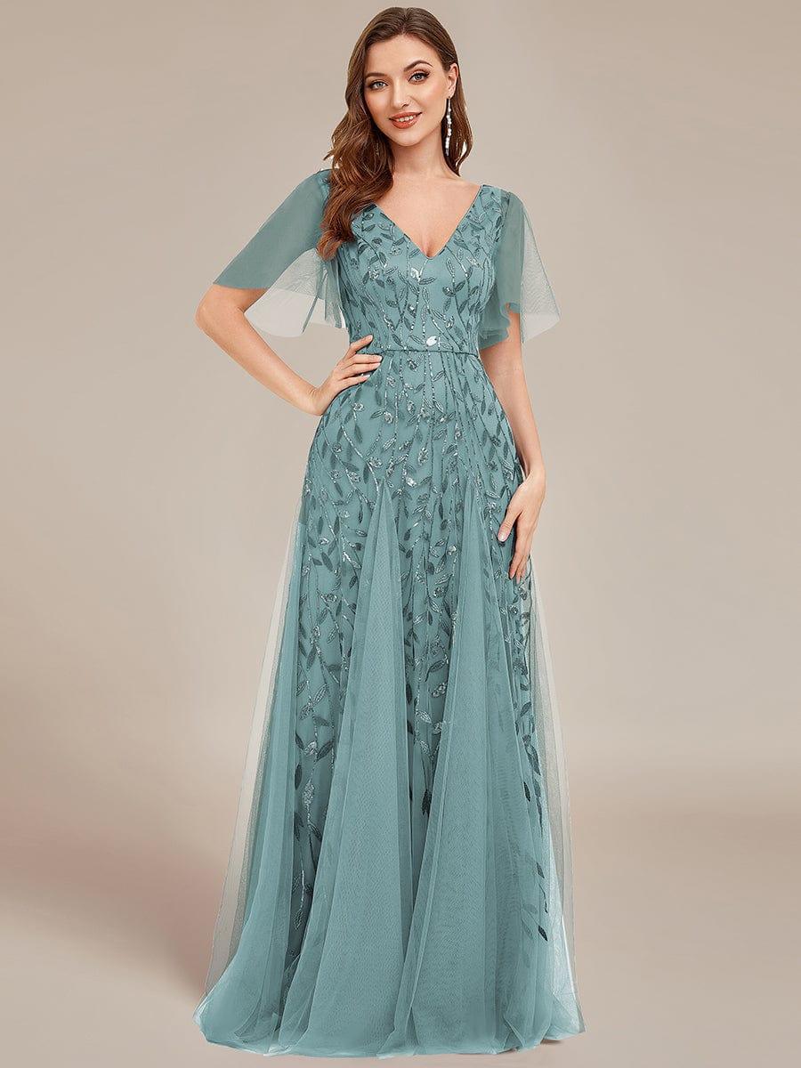 ever ASTRAL|Romantic Shimmery V Neck Ruffle Sleeves Maxi Long Evening Gowns - Image 141