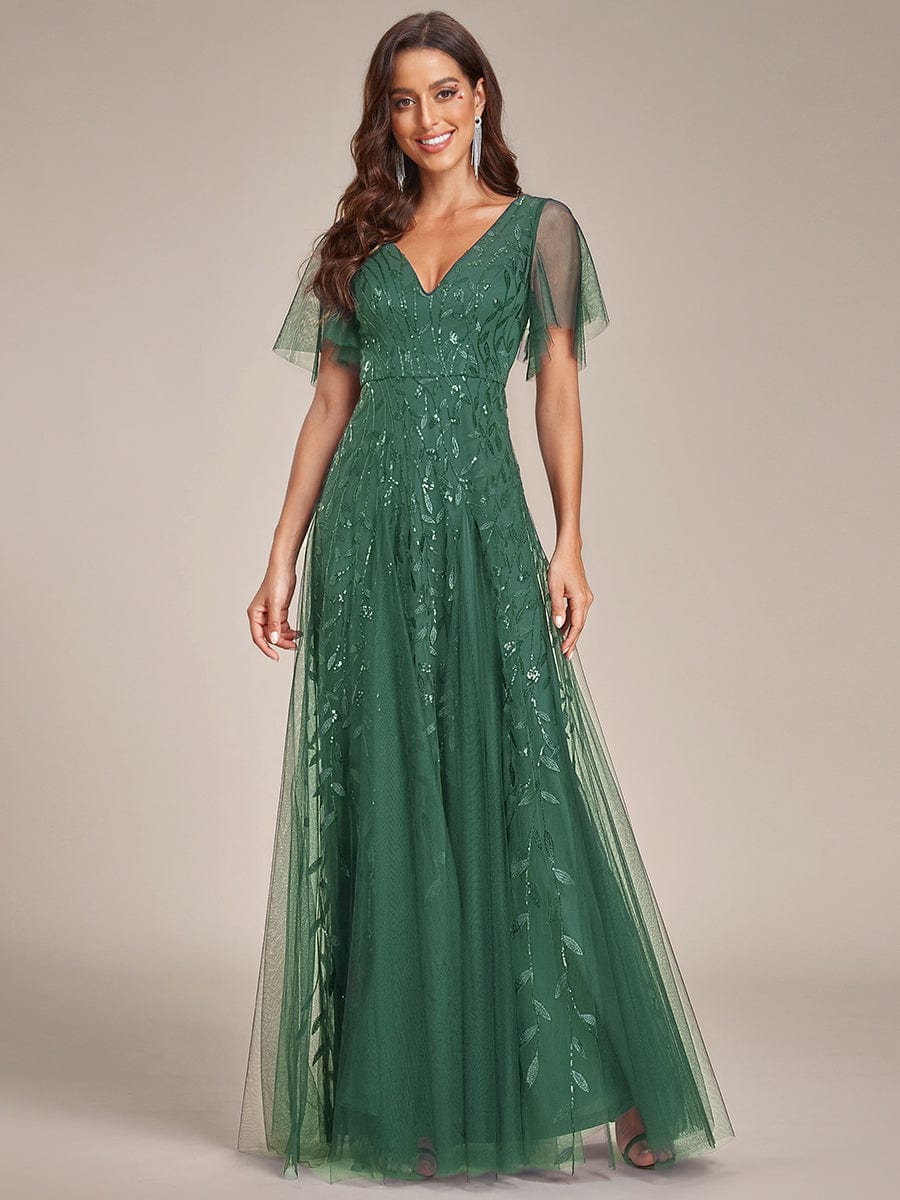 ever ASTRAL|Romantic Shimmery V Neck Ruffle Sleeves Maxi Long Evening Gowns - Image 168