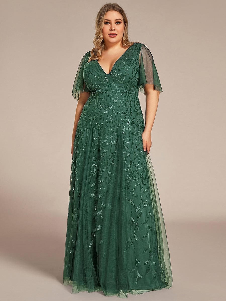 pretty ASTRAL|Plus Size Romantic Shimmery V Neck Ruffle Sleeves Evening Gown - Image 100