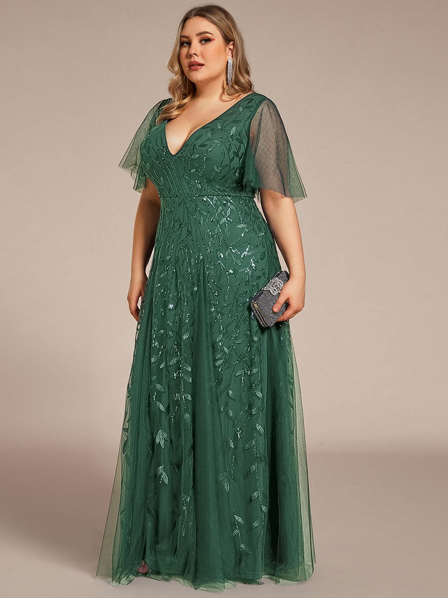 pretty ASTRAL|Plus Size Romantic Shimmery V Neck Ruffle Sleeves Evening Gown - Image 96