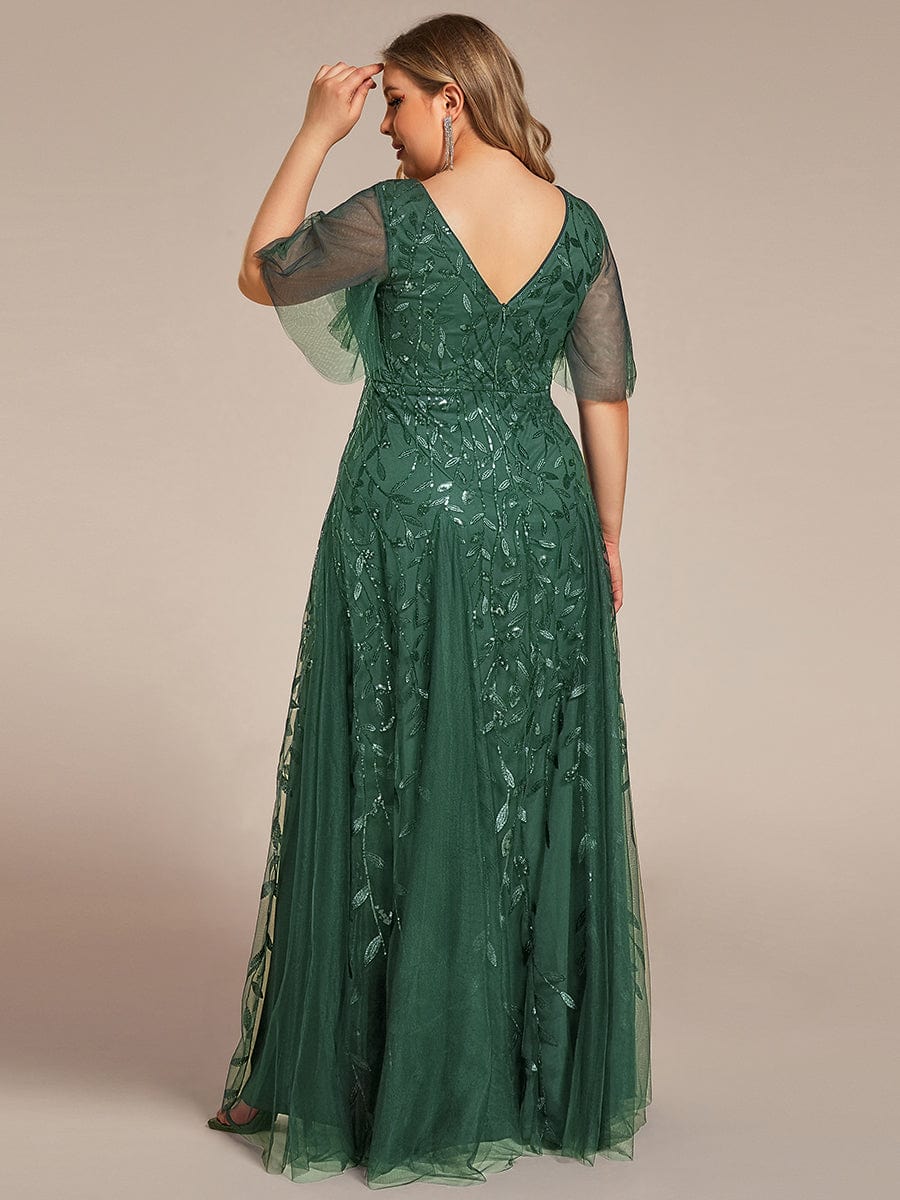 pretty ASTRAL|Plus Size Romantic Shimmery V Neck Ruffle Sleeves Evening Gown - Image 97