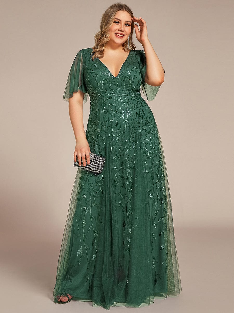 pretty ASTRAL|Plus Size Romantic Shimmery V Neck Ruffle Sleeves Evening Gown - Image 98