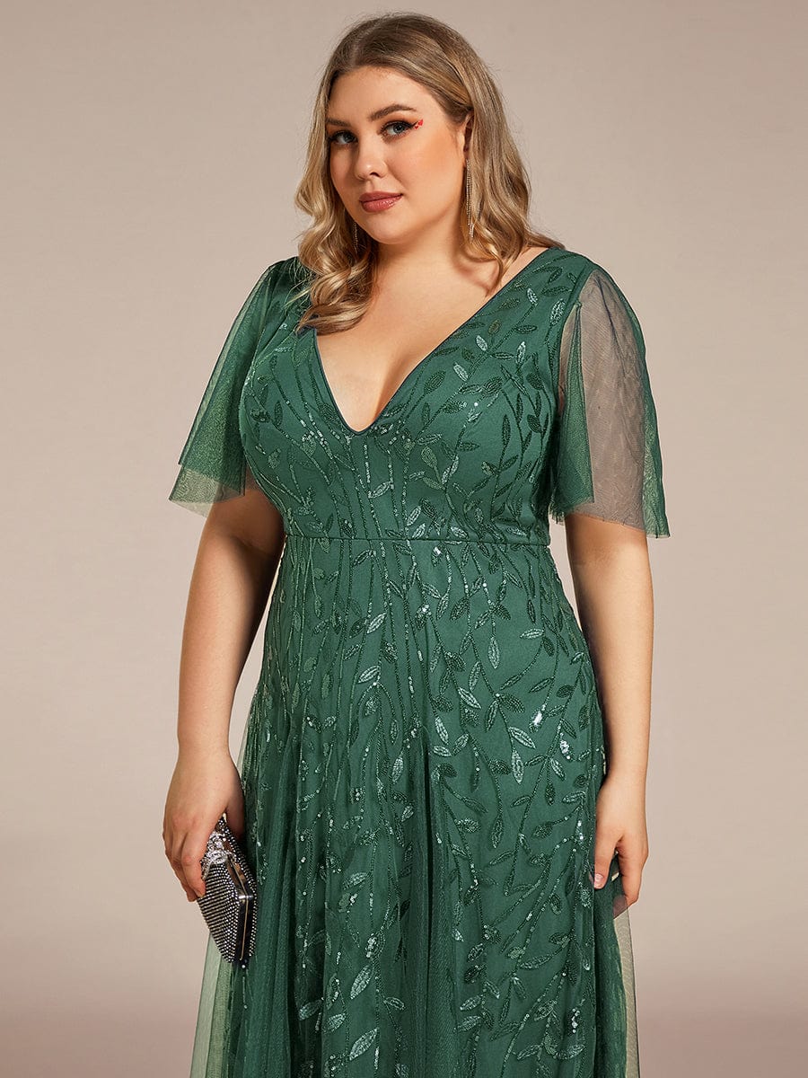pretty ASTRAL|Plus Size Romantic Shimmery V Neck Ruffle Sleeves Evening Gown - Image 99