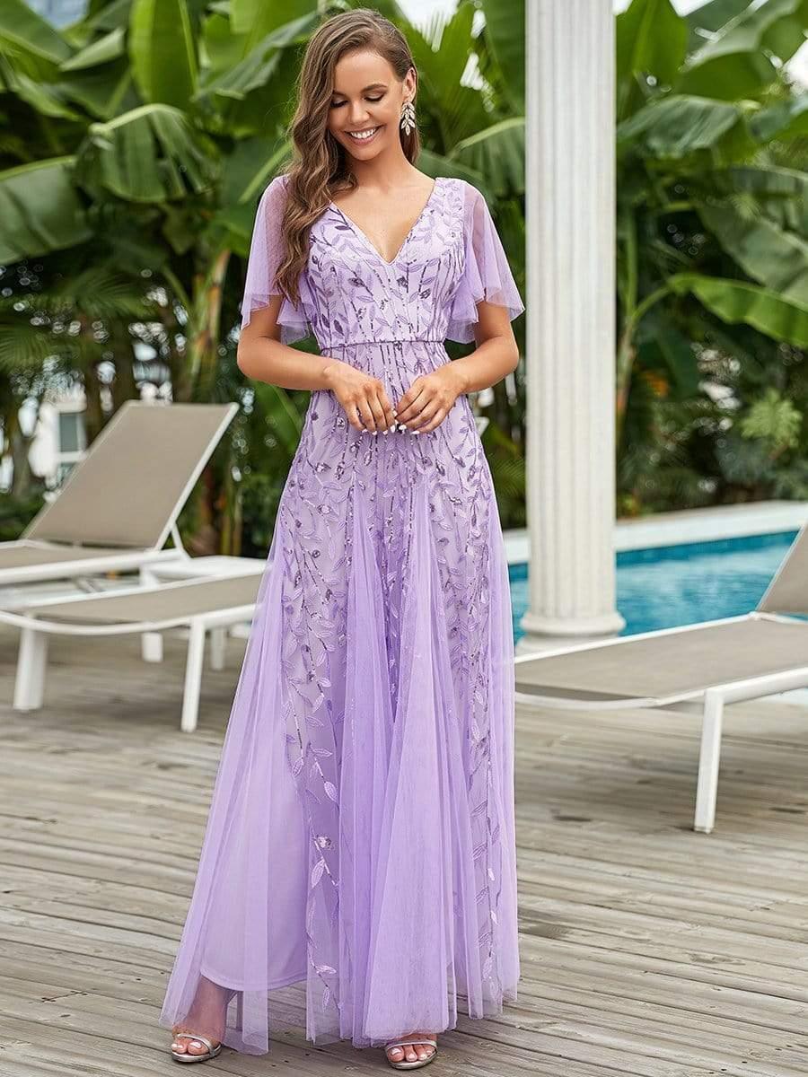ever ASTRAL|Romantic Shimmery V Neck Ruffle Sleeves Maxi Long Evening Gowns - Image 20