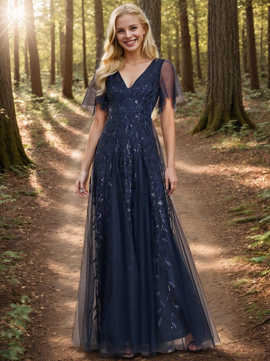 ever ASTRAL|Romantic Shimmery V Neck Ruffle Sleeves Maxi Long Evening Gowns - Image 74