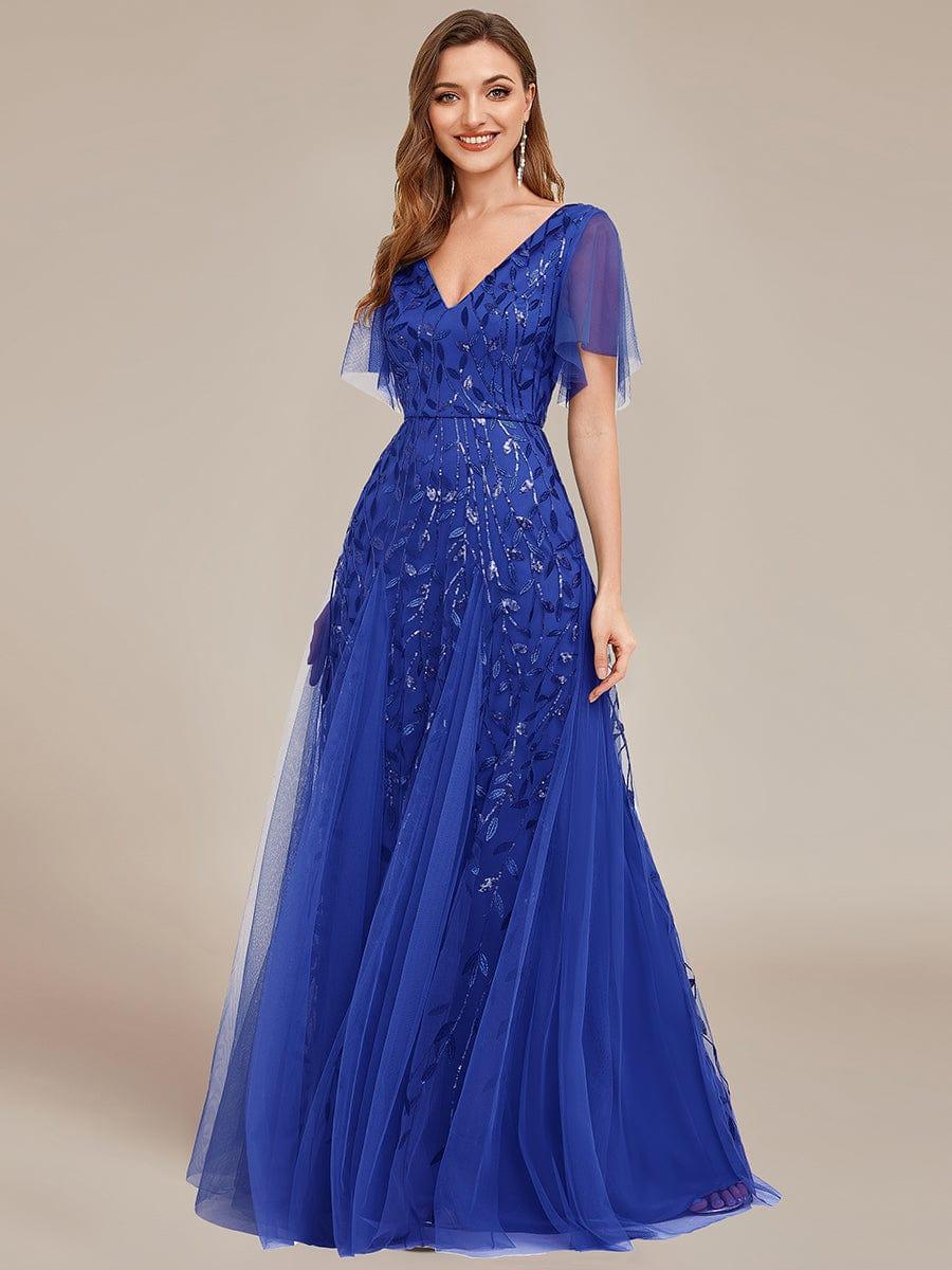 ever ASTRAL|Romantic Shimmery V Neck Ruffle Sleeves Maxi Long Evening Gowns - Image 91