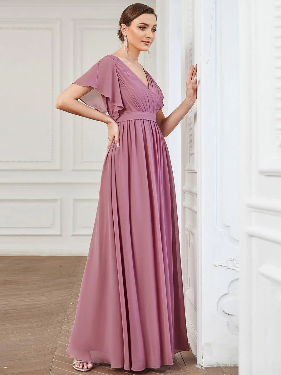 ever LEORA|V-Neck Flutter Sleeve Floor-Length A-Line Chiffon Evening Dress - Image 129
